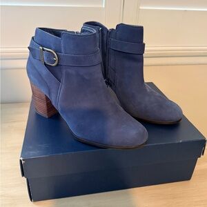 Cole Haan Blue Suede Ankle Booties with Wood Block Heel